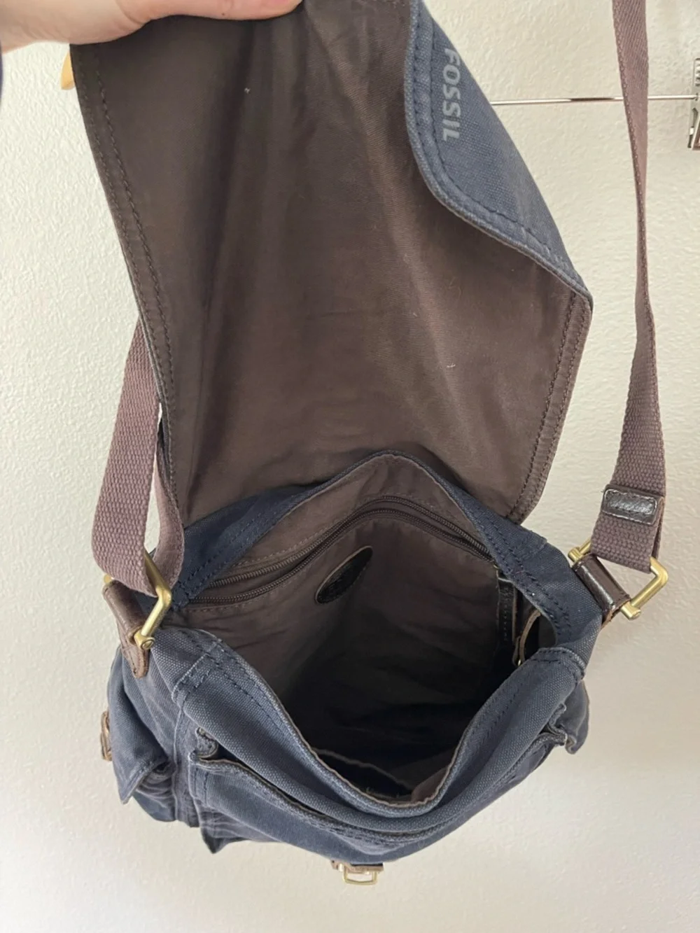 Fossil Canvas Navy Blue/Brown Messenger Carrier Commuter Bag Crossbody